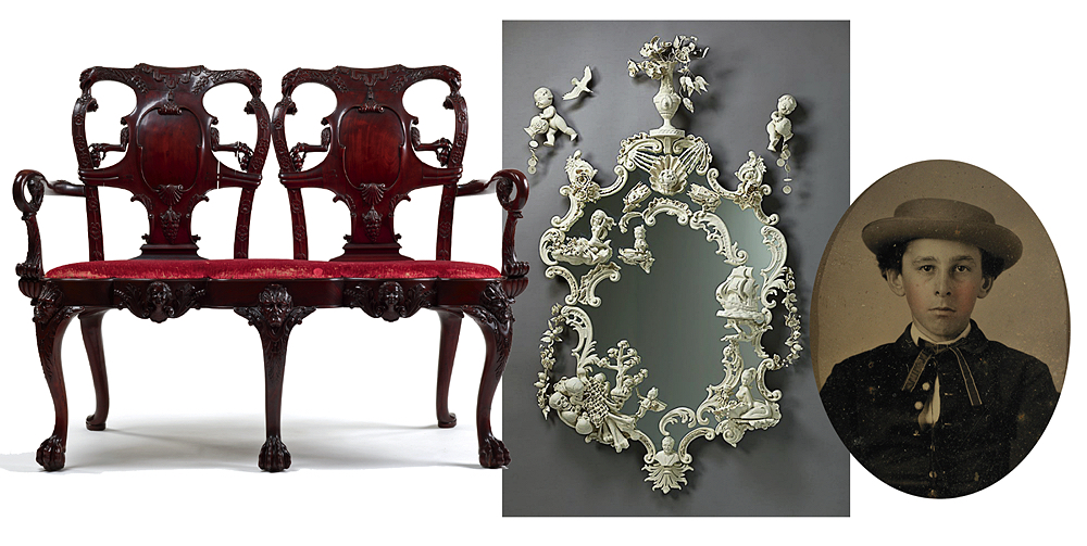A collage featuring items from the Pendleton room: a 1905 mahogany double chair-back settee, the intricate Shipwreck Mirror created by Beth Katleman in 2019, and the only known image of Charles Leonard Pendleton in an oval frame.