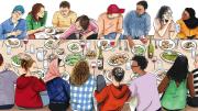 A color illustration of students from a diversity of backgrounds eating and talking together at a long dining hall-type table 